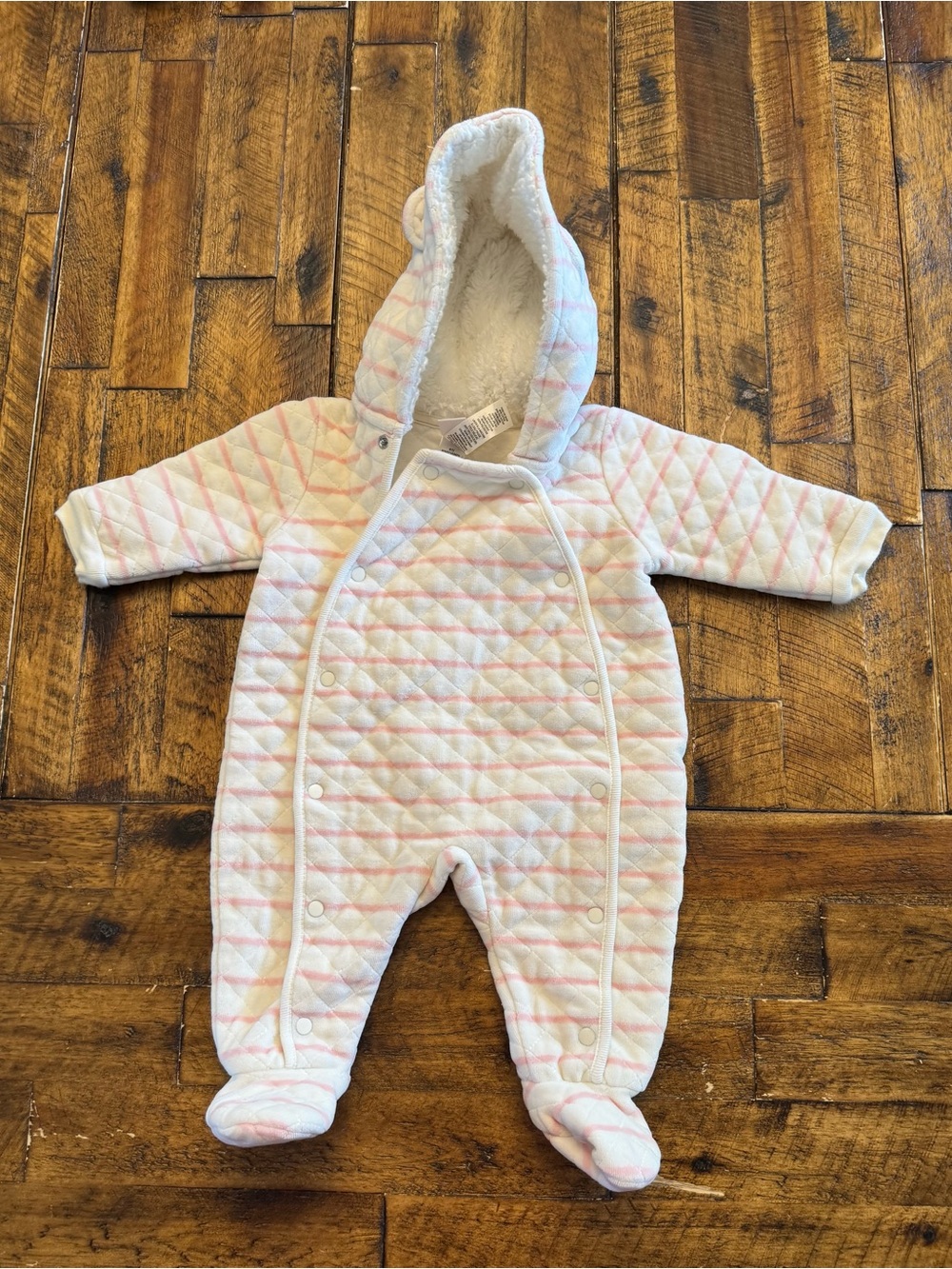 Nordstrom Baby Pink Striped Quilted Pramsuit Hooded Fleece Bunting 3M